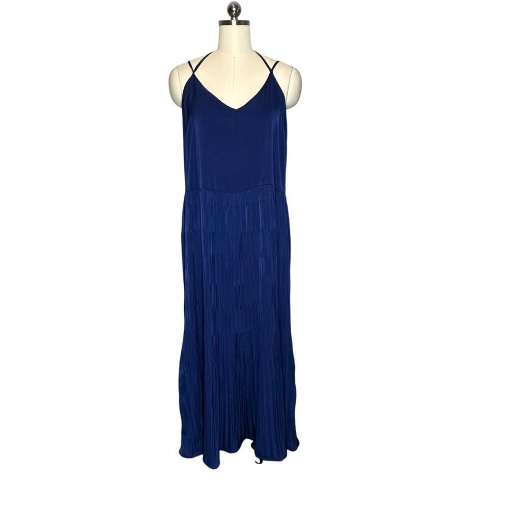 Anthropologie Current Air Navy Blue Satin Pleated Sleeveless Midi Dress | Size L